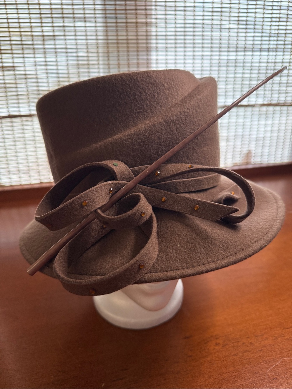 Giovannio designed in England Taupe Wool felt church hat with Sculptural Ribbon